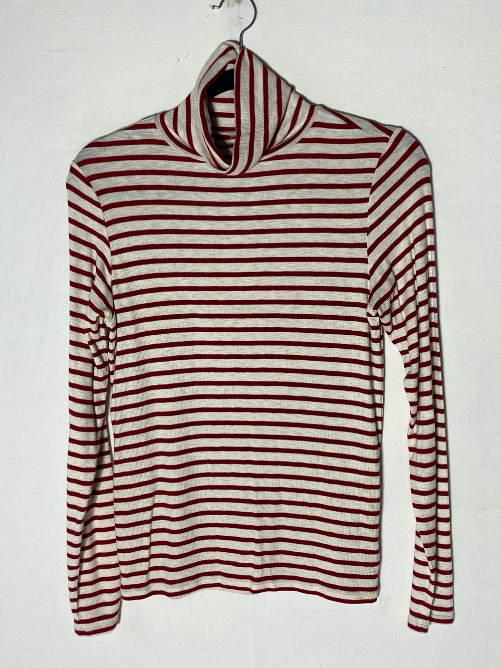 Aerie Real Soft Cream Red Striped Ribbed Turtleneck Long Sleeve Top M